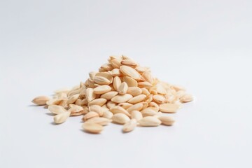 a stack of peeled almonds on a blank white background. Generative AI