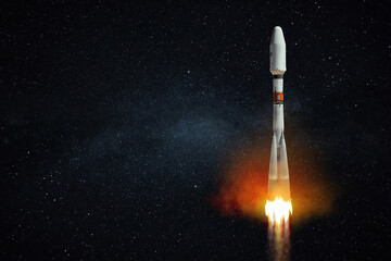 Spaceship rocket successfully takes off in the starry sky. Rocket launch space mission, creative...