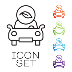 Black line Eco car concept drive with leaf icon isolated on white background. Green energy car symbol. Set icons colorful. Vector