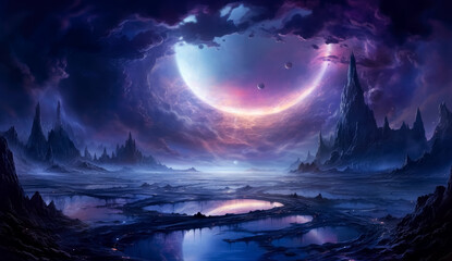 Fototapeta premium Purple fantasy landscape looking out into space. sci-fi landscapes, spiral group, rim light, science-fiction lands.