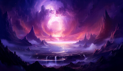 Purple fantasy landscape looking out into space. sci-fi landscapes, spiral group, rim light, science-fiction lands.