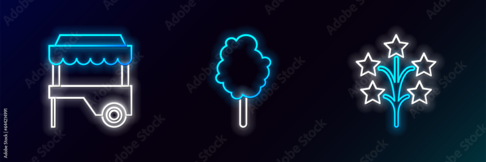 Wall mural Set line Fireworks, Fast street food cart with awning and Cotton candy icon. Glowing neon. Vector