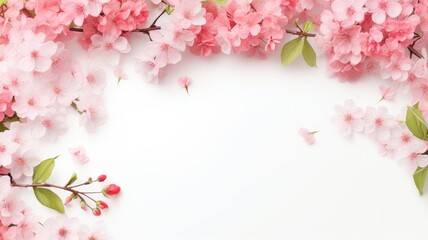 a banner framed by delicate pink flowers and lush green leaves against a soft light background. The composition exudes the freshness and vibrancy of the season, leaving ample space for copyspace.