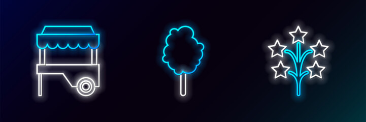 Set line Fireworks, Fast street food cart with awning and Cotton candy icon. Glowing neon. Vector