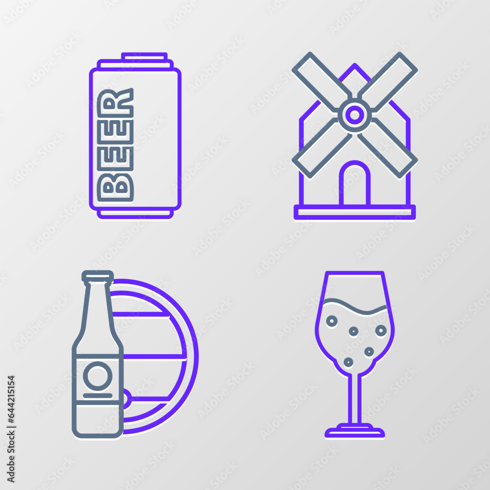 Sticker set line glass of beer, beer bottle and wooden barrel, windmill and can icon. vector