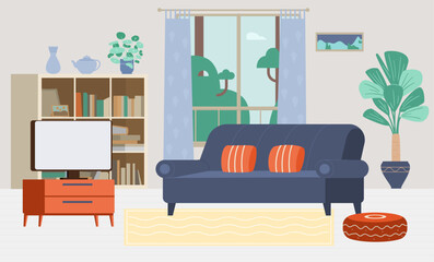 Living room interior with no people flat vector illustration. Cozy interior with bookcases, couch, TV.