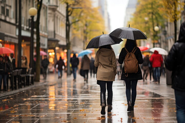 Rear view of two women with umbrellas and waterproof clothing.