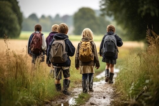 Rear View Of A Group Of Children 8 To 10 Years Old Walking In The Rain On A Rainy Overcast Day.