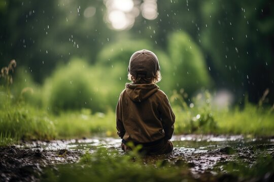 Happy little boy walking in the rain on a rainy cloudy day.
