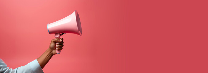 Pink megaphone loudspeaker in afro american hand on red studio background. Empty space place for text, copy paste. Important announcement news, significant messages or sale discount concept