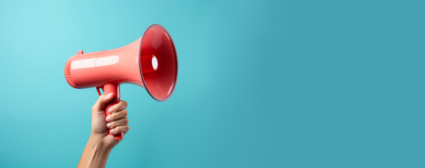 Important announcement news, significant messages or sale discount concept. Pink megaphone loudspeaker in afro american hand on blue studio background. Empty space place for text, copy paste