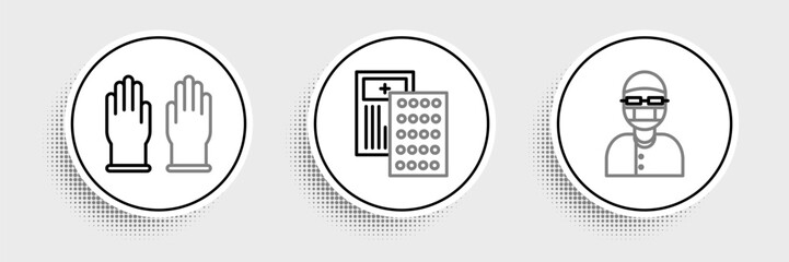 Set line Assistant, Rubber gloves and Pills in blister pack icon. Vector