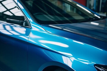 Obraz na płótnie Canvas Metallic blue vinyl film shields car during transport. Ideal for auto service ad. Free space for text. Generative AI