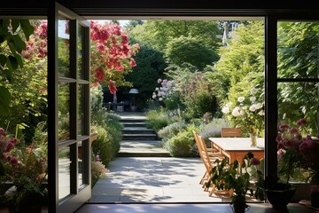 Gorgeous summer garden and patio viewed through folding doors. Generative AI