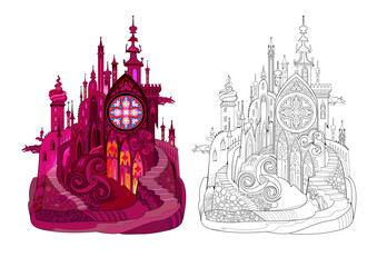 Colorful and black and white template for coloring. Fantasy fairytale medieval gothic castle. Ancient architecture. Worksheet for coloring book for children and adults. Flat cartoon vector. - obrazy, fototapety, plakaty