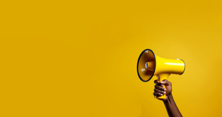 Empty space place for text, copy paste. Important announcement news, significant messages sale discount concept. Yellow megaphone loudspeaker in afro american person's hand on yellow studio background