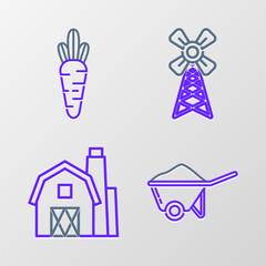 Set line Wheelbarrow with dirt, Farm House concept, Windmill and Carrot icon. Vector