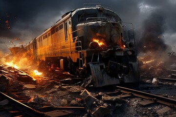 Collision of trains resulting in severe damage. Generative AI - obrazy, fototapety, plakaty