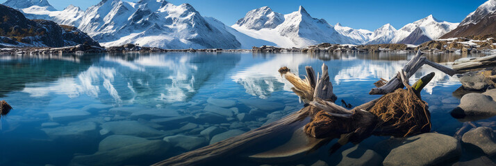 Crystal - clear glacial lake, surrounded by snow - capped peaks, vivid blue water, driftwood on the shore, early afternoon