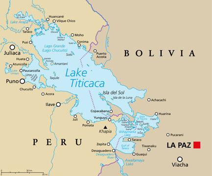 Lake Titicaca, political map. Large freshwater lake in the Andes mountains on the border of Bolivia and Peru. Often called the highest navigable lake in the World, and largest lake in South America.