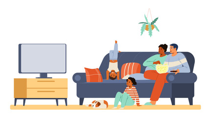 Multiracial family with two kids and a dog watching TV together sitting on the couch flat vector illustration.