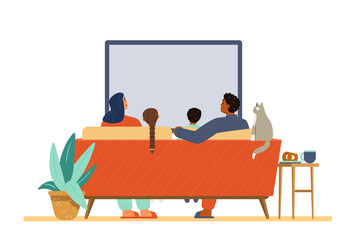 Multiracial family with two kids and a cat watching TV together sitting on the couch flat vector illustration. View from the back.