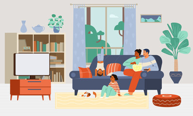 Multiracial family with two kids and a dog watching TV together sitting on the couch at home flat vector illustration. Living room interior.
