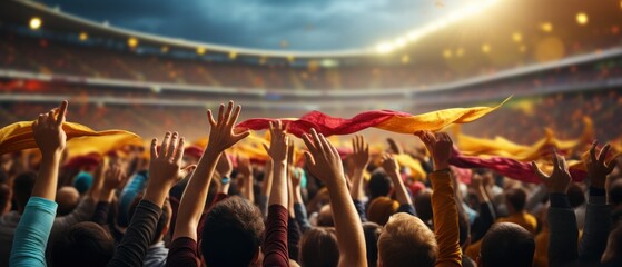 Crowd cheering at a soccer or football stadium and raising hands up. World Cup Concept. Football...