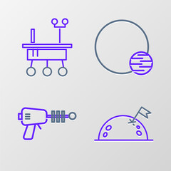 Fototapeta premium Set line Planet with flag, Ray gun, and Mars rover icon. Vector