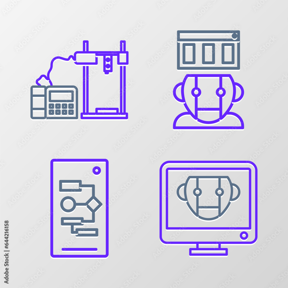 Poster set line bot, algorithm, robot and 3d printer icon. vector