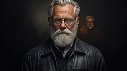 Obraz premium a bearded middle-aged man in glasses, gazing at the camera with a serious and composed expression. The image reflects the confidence and maturity of a seasoned professional.