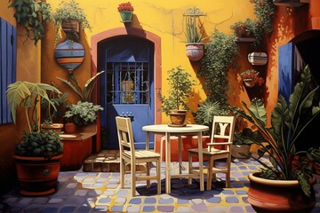 Fototapeta na wymiar An image of a painted courtyard with a table, chairs, planters, and a doorway. Generative AI