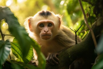 A capuchin monkey in its rainforest home. Generative AI