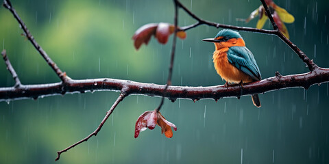 Tropical lake in the rainforest, colorful bird species perched on tree branches by the lake, soft rain creating ripples in the water, weather