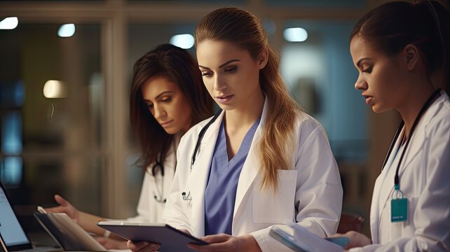 a young female medical student intently reviewing medical records while working alongside experienced medical staff in a hospital. The scene conveys her dedication to learning and contributing