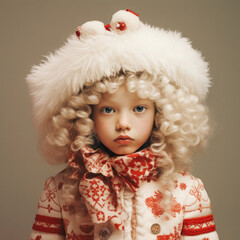 Beautiful little girl standing and posing dressed for Christmas holidays. Concept of New Year and Christmas holidays.