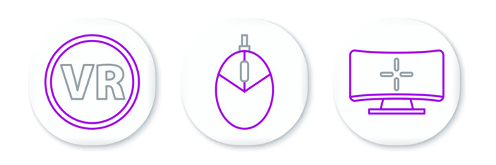 Set line Computer monitor, Virtual reality glasses and mouse gaming icon. Vector