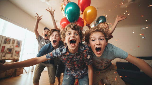Group of happy children at birthday party. Generative AI