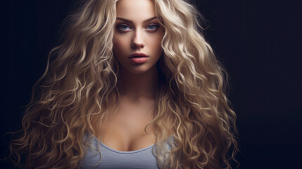 Fototapeta premium Profile of a young beautiful attractive girl with a modern hairstyle on a dark background.