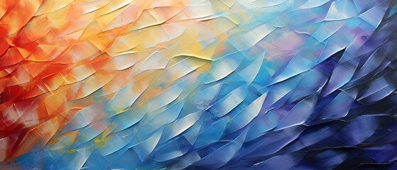 Kolorowa tęczowa mozaika - olej na płótnie. Różne kształty  nakładane szpachlą tworzą wzorek, strukturę.  - obrazy, fototapety, plakaty