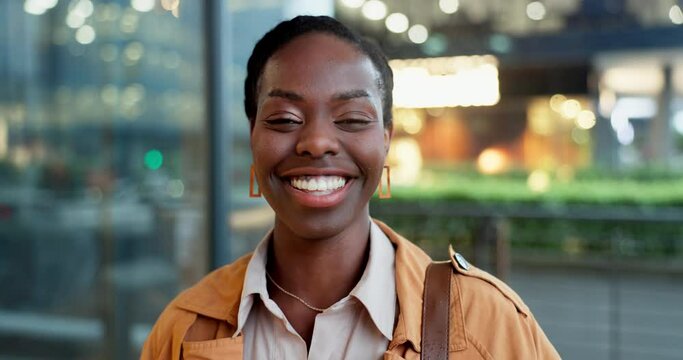 Black Woman, Smile And Portrait In A City For Travel For Business Or A Night Out In Town. Face Of Happy African Person On Urban Street Laughing With Funny Humour And Positive Attitude In France