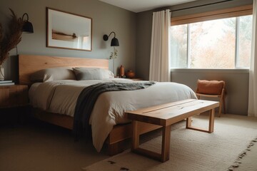 Cozy serene bedroom with modern wood accents, soft color palette, and Japanese-Scandinavian fusion design. Generative AI