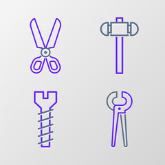 Set line Pincers and pliers, Metallic screw, Sledgehammer and Scissors icon. Vector