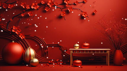 Christmas banner with red and gold balls on a red background. Copy space. Christmas congratulations. Close up. Happy New Year.