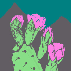 illustration of a cactus in pop art style with an emerald background and grey mountains