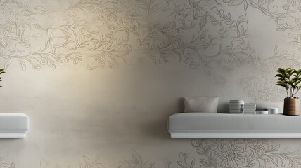 a stucco floral pattern on a wall within an elegantly decorated room. The image highlights the pattern's role in enhancing interior aesthetics. SEAMLESS PATTERN. SEAMLESS WALLPAPER.