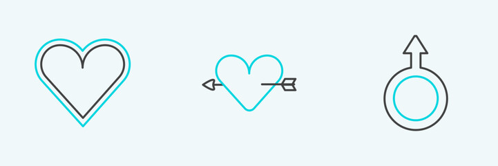 Set line Male gender symbol, Heart and Amour with heart and arrow icon. Vector
