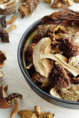 Dried edible forest mushrooms in a bowl. European cuisine ingredient.