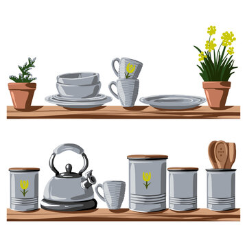 Kitchen shelving unit with utensils. Vector illustration