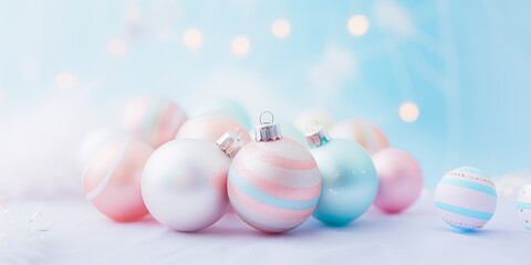 Luxury concept of pastel Christmas decorative balls on light blue background. Elegant New Year creative concept.